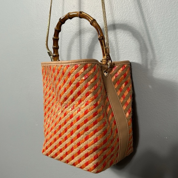 Sondra Roberts Woven Bucket Mini Handbag Crossbody with Bamboo Handle Orange - Picture 5 of 12